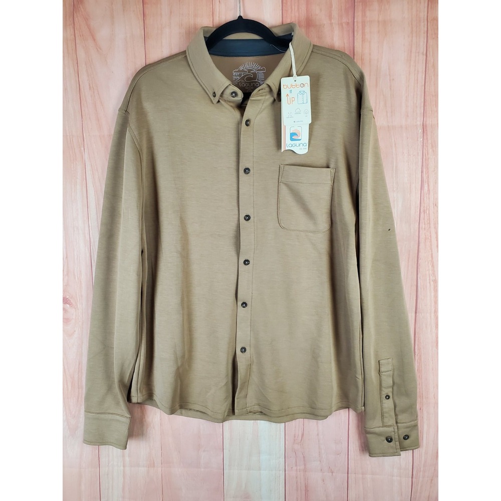 Laguna Mens Shirt Sz L Brown Polyester Stretch Long Sleeve Collared Button Down